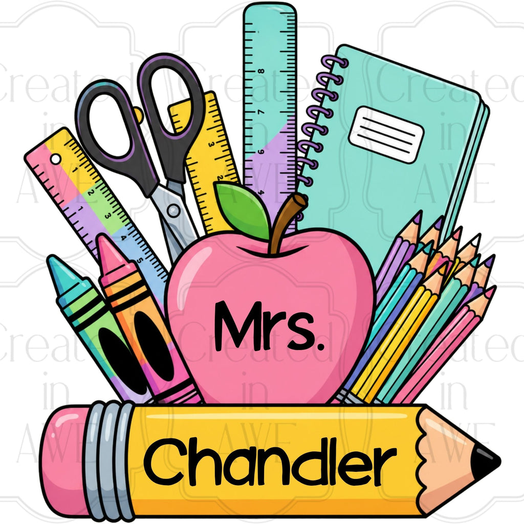 Pink Apple & Pencil Custom School Labels