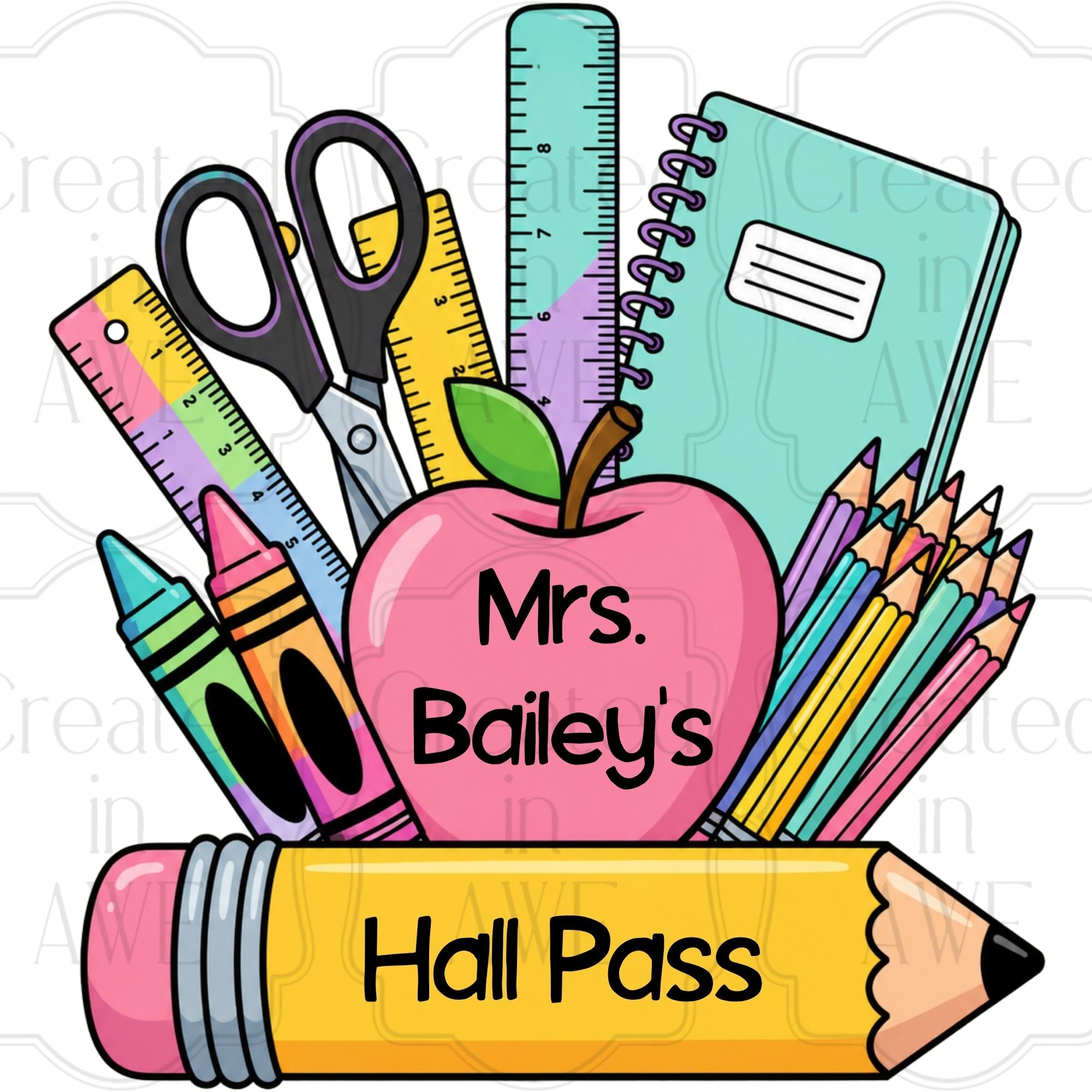 Pink Apple & Pencil Custom School Labels