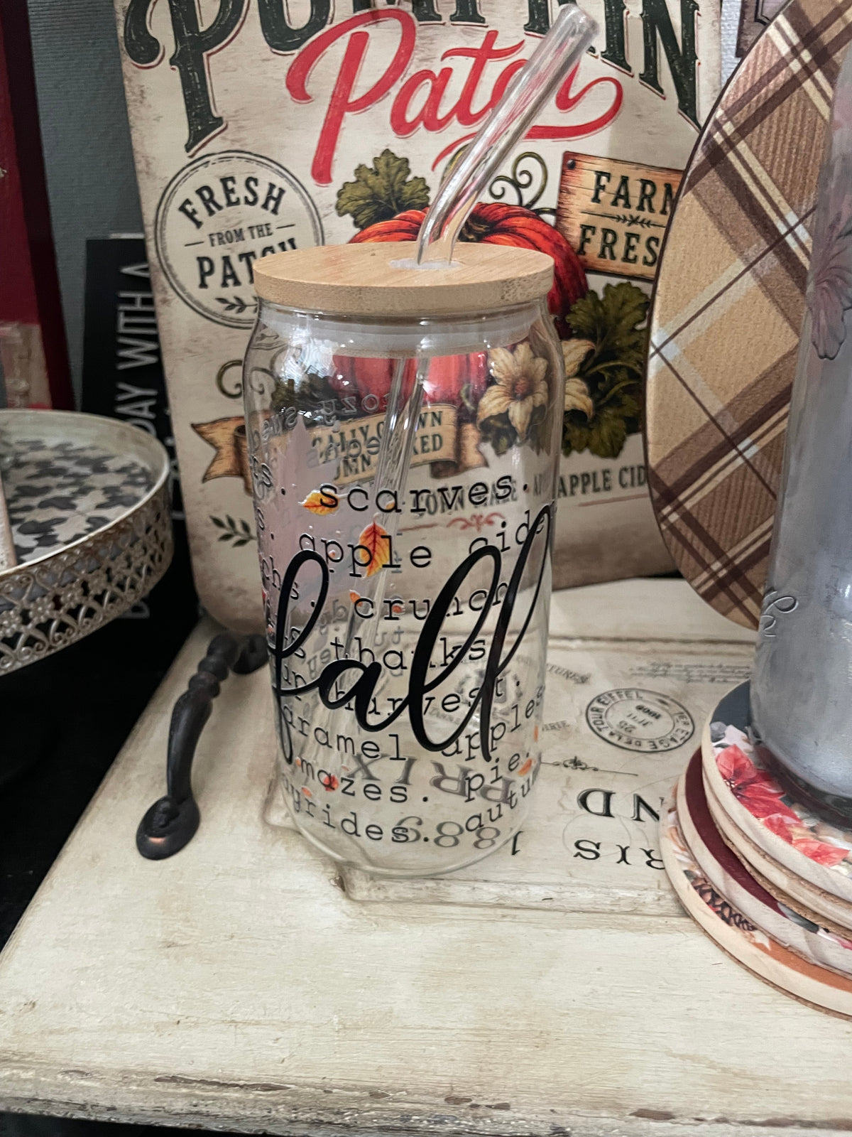 Fall Words Libby Glass Tumbler with glass straw